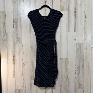 Spense Blue and White Faux Wrap Midi Dress with Tie Hip